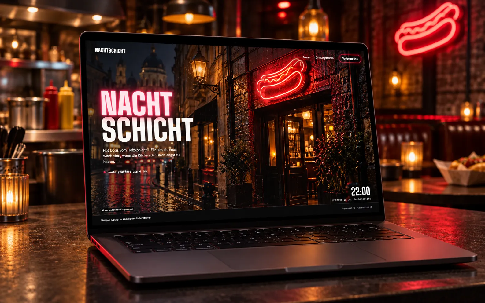 Hotdog-Demo NACHTSCHICHT auf einem Laptop